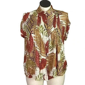 Jane and Delancey Top Womens L Brown Multi Leaf Button Up Rayon Short Sleeve